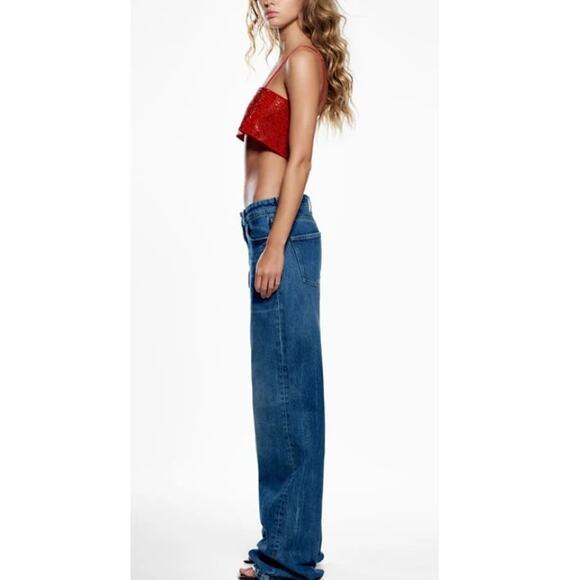 STUNNING ZARA Women's Red Rhinestone Shiny Crop Top Size M-L - Picture 3 of 9